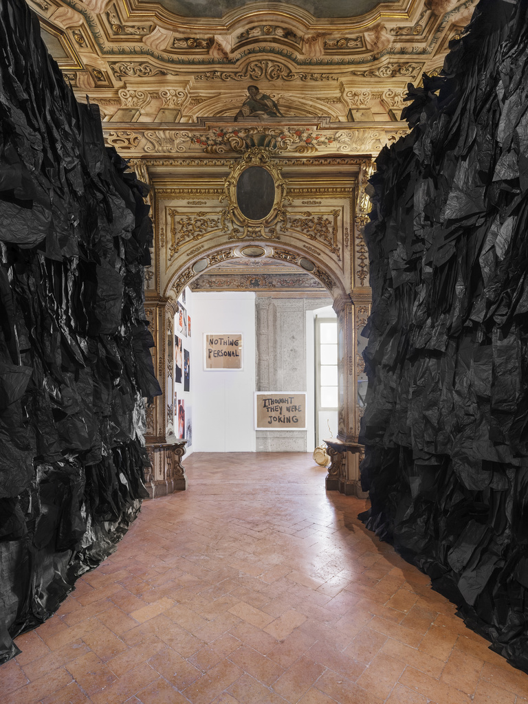 Jérôme Sans - Joel Andrianomearisoa, The Labyrinth of passions, 2021, collage, silk paper, 400 x 280 cm exhibition view Signs of the Times, Apalazzo Gallery, Brescia (2) Credit Melania Dalle Grave, DSL Studio