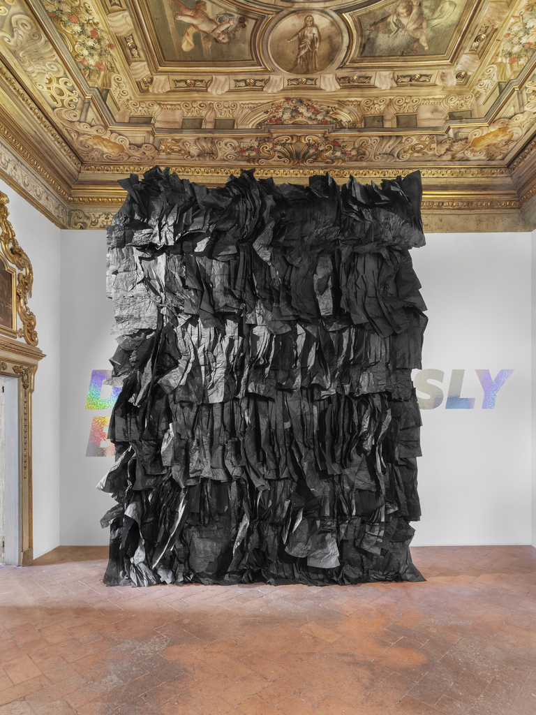 Jérôme Sans - Joel Andrianomearisoa, The Labyrinth of Passions, 2021, collage, silk paper, 400 x 280 cm, exhibition view Signs of the Times, Apalazzo Gallery, Brescia Credit Melania Dalle Grave, DSL Studio